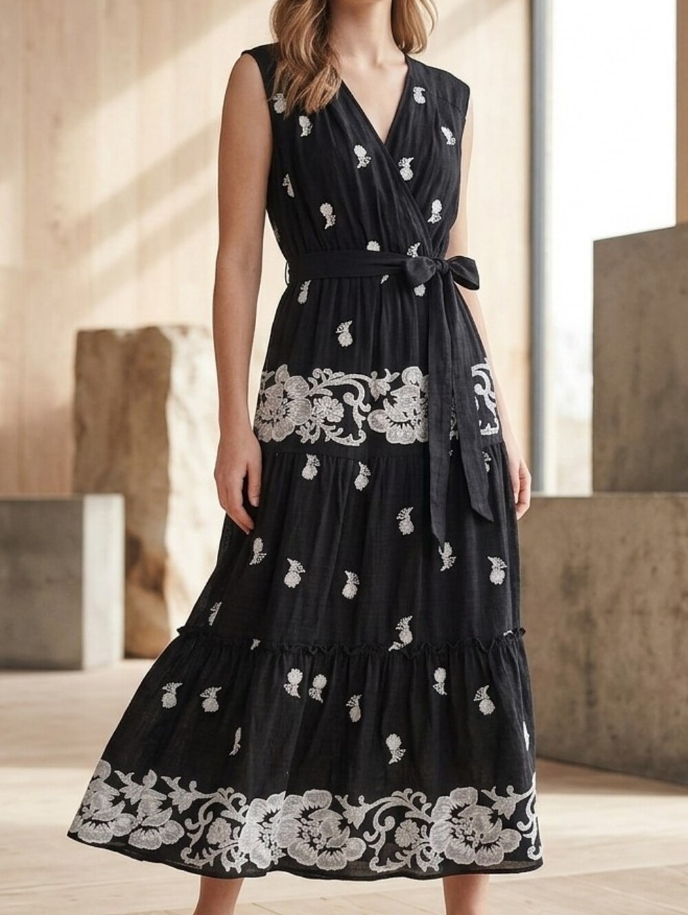NEVER WORN Rose & Everly Black Maxi Dress w/White Embroidery+ Belt + Lined Sz L